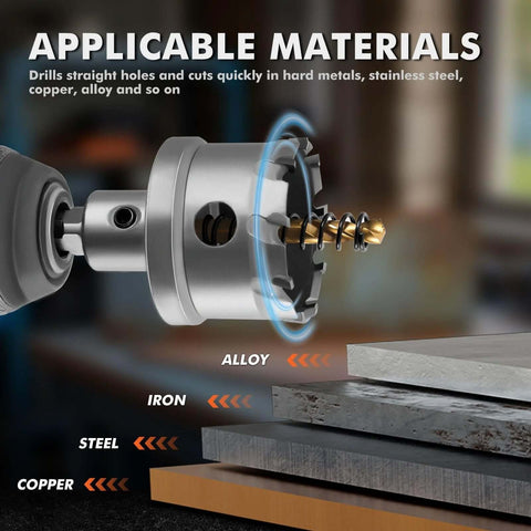 Side view of 16-piece carbide hole saw kit for metal; tungsten carbide tipped, 5/8-in to 2-1/4-in cutters