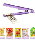 Purple mini bag sealer sealing chocolate bar with potato chips, biscuits, fudge, bread, and cream packages below