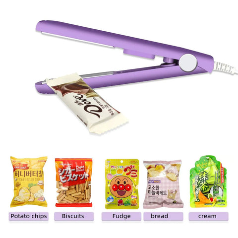 Purple mini bag sealer sealing chocolate bar with potato chips, biscuits, fudge, bread, and cream packages below