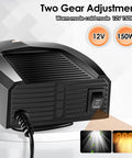Portable 12V 150W car heater with two gear adjustment, showing heat and fan settings for defrosting and defogging.