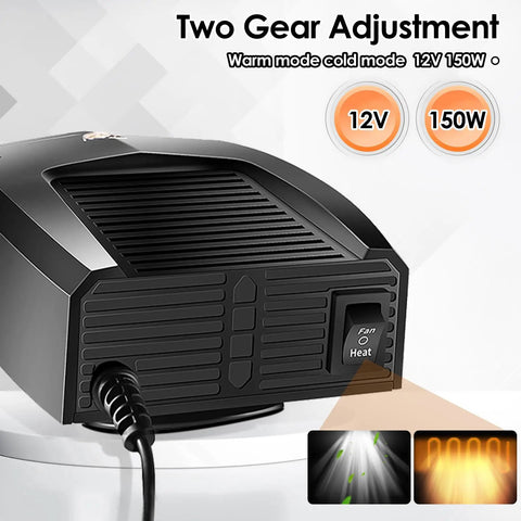 Portable 12V 150W car heater with two gear adjustment, showing heat and fan settings for defrosting and defogging.