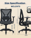 Ergonomic Mesh Office Chair With Adjustable Lumbar Support And 3D Armrests, Tilt Function, Wide Seat, Swivel Design dimensions.