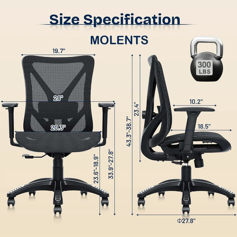 Ergonomic Mesh Office Chair With Adjustable Lumbar Support And 3D Armrests, Tilt Function, Wide Seat, Swivel Design dimensions.