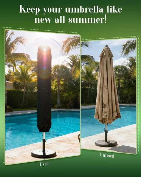Patio Umbrella Cover For 9 To 12 Ft Market And Patio Umbrellas Waterproof 420D Oxford Fabric With Storage Pouch shown next to uncovered umbrella by pool
