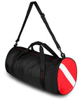 Extra Large Dive Gear Duffle Bag With Padded Removable Adjustable Shoulder Strap And Wrap Handle For Scuba Snorkeling Freediving Swimming And Beach Use Up To 120L Black Go To Gear Bag featuring a red end panel with a white stripe.