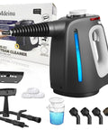 Top Shelf Handheld Steam Cleaner For Complete Home Care, features water tank and 14 accessories, 1350W compact design.