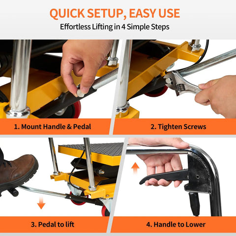 Quick setup of Heavy Duty Hydraulic Lift Table Cart Supporting 400 Pounds Featuring Built Like A Tank Steel Frame and Smooth Foot Pump.
