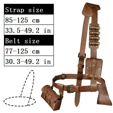 Medieval Baldric Belt Set With Leather Pouch, Sword Scabbard, Potion Flasks for Viking LARP with size chart, vintage buckles