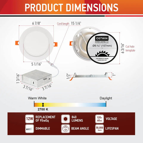 Product dimensions diagram for Ultra Thin 6 Inch LED Recessed Light Kit 12W 95W Equivalent 840 Lumens Dimmable IC Rated Canless