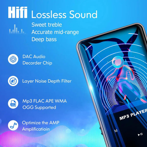 HiFi lossless sound features on 96GB Bluetooth 5.0 MP3 Player With Lossless Music MP4 Support FM Radio HD Speaker Super Light Metal Shell