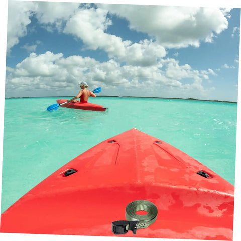 Heavy Duty Kayak Roof Rack Straps With Quick Buckles shown on red kayak in clear waters, clouds above.