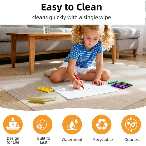 Child drawing on heavy duty 36x48 inch chair mat for carpet, protects floors from rolling office and gaming chairs, clear under desk rug pad.