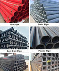 Various compatible pipes displayed, including Fire Pipe, Steel Pipe, Cast Iron Pipe, Plastic Pipe, Square Pipe, Channel Steel.