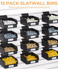 Straight Shot Setup 12 Pack Plastic Slatwall Bins With Heavy Duty Metal Hooks Engineered For Retail Store Shelving Merchandise Display And Shop Inventory Management Systems, organized with various small parts.