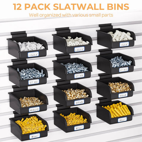 Straight Shot Setup 12 Pack Plastic Slatwall Bins With Heavy Duty Metal Hooks Engineered For Retail Store Shelving Merchandise Display And Shop Inventory Management Systems, organized with various small parts.