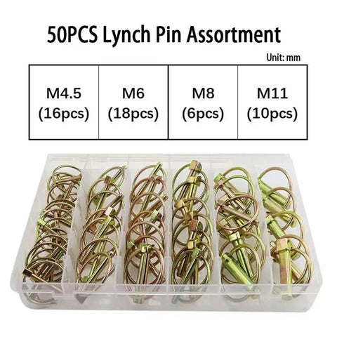 Heavy Duty Self Locking Lynch Pin Kit With Spring Steel Annular Ring Pins for Tractors Trailers Trucks and Mowers M4.5 to M11