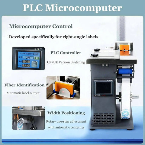Semi Automatic Right Angle Label Applicator Machine With Microcomputer Control For High Accuracy Industrial Printing And Packaging Use Featuring 200W Power Output Efficiently Applying Fifteen To Thirty Labels Per Minute With Light Sensor Technology For showing PLC microcomputer control features.