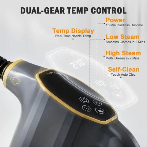Entalva Handheld Steam Cleaner Gray With Smart Led Display showing dual-gear temp control and features for effective cleaning.