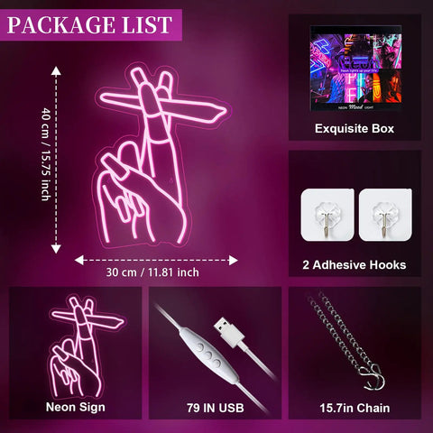 Package contents for Pink LED Hand Neon Sign For Wall Decor USB Powered Nail Room And Girls Room Neon Light.