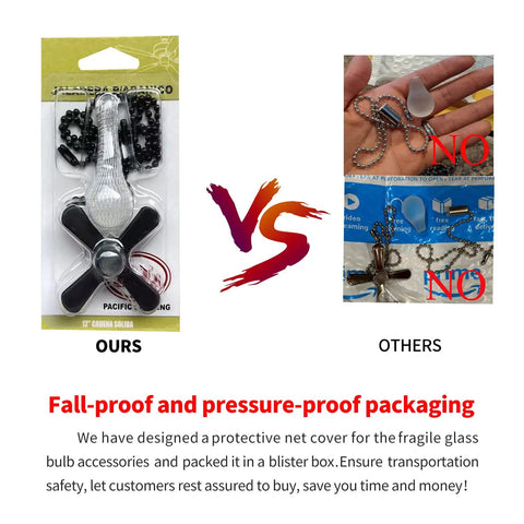 Extra Long Ceiling Fan Pull Chain Featuring Decorative Frosted Glass Bulb Accent And Heavy Duty Replacement Cord Fits Standard 3MM Rods In Sleek Oil Rubbed Bronze packaging comparison.