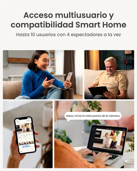 Two people using tablets, smartphone showing security app, laptop streaming footage for "Outdoor Plug In Wi Fi Security Camera With 5MP HD Video And 3X Optical Zoom For Home Surveillance No Brainer App Control 355 Degree Pan 50 Degree Tilt Motion Tracking And Person Vehicle Detection With Spotlight Color Night Vision On 5GHz WiFi."