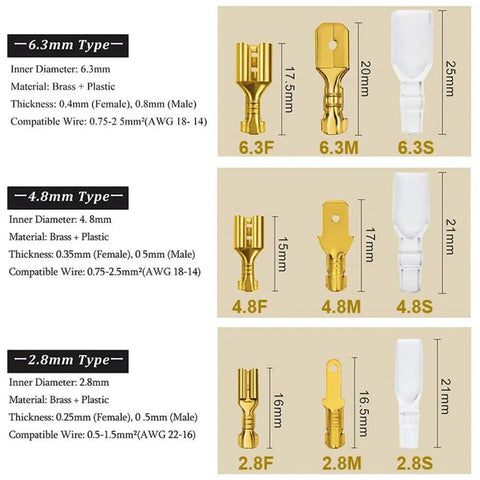 Gold Plated Insulated Spade Connectors 600 Piece Set Kit Male Female Wire Terminals 2.8mm 4.8mm 6.3mm Sizes For Automotive Electrical Wiring And Home Repair Projects These Bad Boys Hold Fast And Tight So Connections Stay Locking And Super Secure Forever. chart of 2.8mm, 4.8mm, 6.3mm male female insulated spade terminals