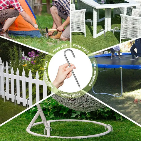 Collage showing uses of Heavy Duty Galvanized Ground Stakes 12 Inch J Hook Rebar Anchors for various outdoor setups.