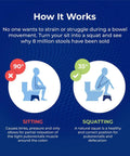 Illustration showing sitting vs. squatting for improved bowel health with Stockholm Folding Bamboo Toilet Stool 7 Inch Collapsible For Easier Pooping Brown And White Bathroom Accessory Reduces Strain And Time On The Toilet Daily.