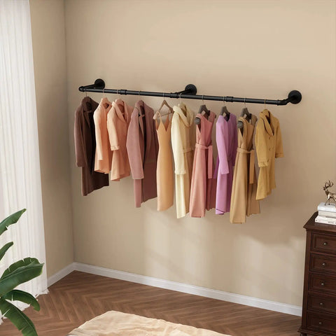 Wall Mounted Clothes Rack 72.5in Industrial Pipe Vibe Heavy Duty Detachable Iron Garment Bar in bedroom holding coats