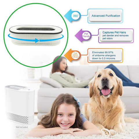 Replacement Filter For RENPHO RP AP068 Compact Air Purifier image showing filtration benefits for allergy relief with child and dog.