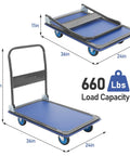 Foldable Push Cart Dolly With 600 Lb Capacity Heavy Duty Platform Truck 360 Degree Swivel Wheels Flatbed Steel Cart For Home Garage And Shop Easy Fold Flat For Storage Blue, 36 x 24 in