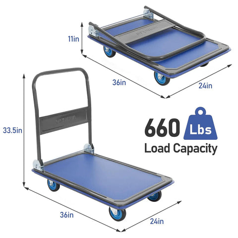 Foldable Push Cart Dolly With 600 Lb Capacity Heavy Duty Platform Truck 360 Degree Swivel Wheels Flatbed Steel Cart For Home Garage And Shop Easy Fold Flat For Storage Blue, 36 x 24 in
