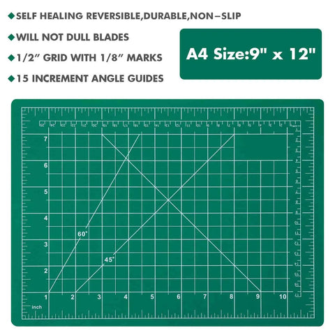 Green self-healing cutting mat with grid lines, A4 size 9" x 12", from Go To Craft Knife Kit With Self Healing Cutting Mat And 30 SK-5 Blades