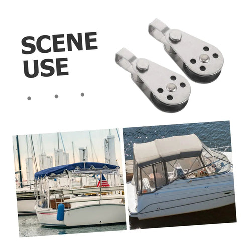 Beefy Stainless Steel Bearing Pulley Blocks 4 Pack With Swivel for marine use on sailboats and kayaks in outdoor conditions.