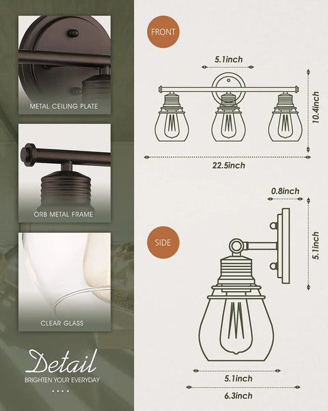 Three Light Bathroom Vanity Light Fixture With Farmhouse Metal Frame And Clear Glass Lampshades, Wall Sconce Over Mirror, Upward Or Downward Mount, Durable Bronze Finish For A Cozy Farmhouse Vibe, Easy Install