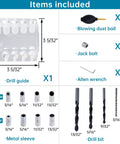 Diagram showing items included with Upgraded Multi Angle Drill Guide For DIY Cable Railing Kit with templates and drill bits.