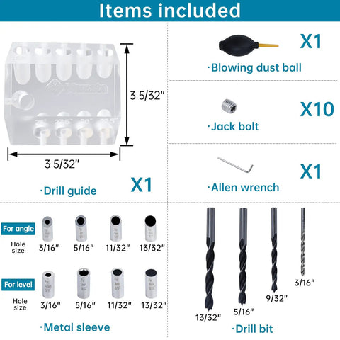 Diagram showing items included with Upgraded Multi Angle Drill Guide For DIY Cable Railing Kit with templates and drill bits.