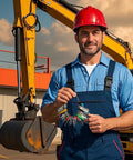 Man holding 60 Piece Heavy Equipment Keys Master Set for Construction Machinery and Forklifts, standing by machinery.
