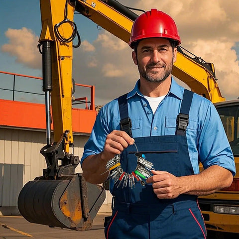 Man holding 60 Piece Heavy Equipment Keys Master Set for Construction Machinery and Forklifts, standing by machinery.