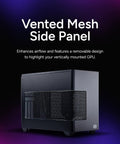 NR200P V3 Mini ITX Case with vented mesh side panel for airflow, showcasing vertical GPU mount and compact design.