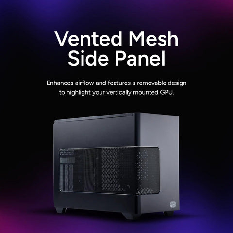 NR200P V3 Mini ITX Case with vented mesh side panel for airflow, showcasing vertical GPU mount and compact design.