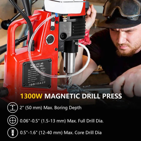 Heavy Duty Magnetic Drill Press 110V 1300W with double track, showing detailed specs and drill bits for metal boring.