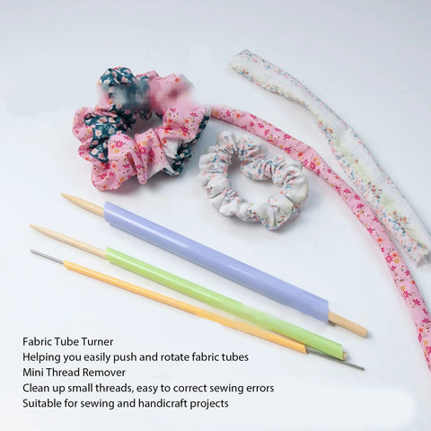 Fabric Tube Turner Set With Assorted Sizes, Quick Turn Tools For Sewing And Crafting, Includes 2 Piece Mini Thread Removers For Seam Removal And Easy Threading, Great For Do It Yourself Projects. Fabric tube turners and mini thread removers on white background