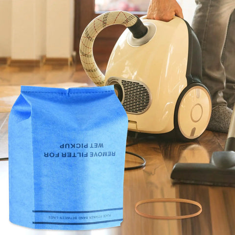 Six Pack Wet Dry Filter Bags For Stinger 2.5-5 Gallon Shop Vac with Three Retaining Bands near a vacuum cleaner