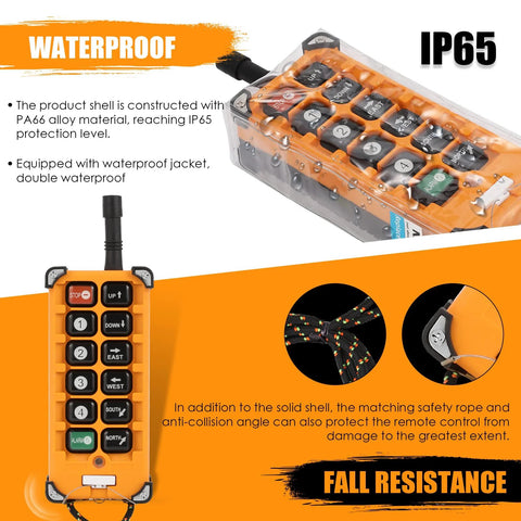 Orange 12-button wireless crane remote control with antenna; IP65 waterproof hoist transmitter.