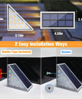 Solar Stair Lights 6 Pack Outdoor LED Step Lights Waterproof IP67 for easy installation with dimensions and options shown.