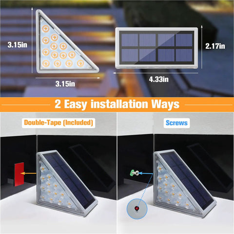 Solar Stair Lights 6 Pack Outdoor LED Step Lights Waterproof IP67 for easy installation with dimensions and options shown.