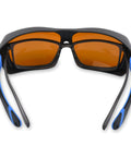 Back view of Adjustable Laser Goggles For Tattoo Removal And Medical Laser Safety Eyewear With 532 And 1064 Nm Filters Pro Grade Design Fit Over Frame Glasses For Physicians And Laser Techs showing orange lenses and black-blue frame.