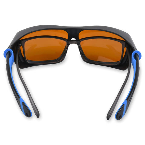 Back view of Adjustable Laser Goggles For Tattoo Removal And Medical Laser Safety Eyewear With 532 And 1064 Nm Filters Pro Grade Design Fit Over Frame Glasses For Physicians And Laser Techs showing orange lenses and black-blue frame.