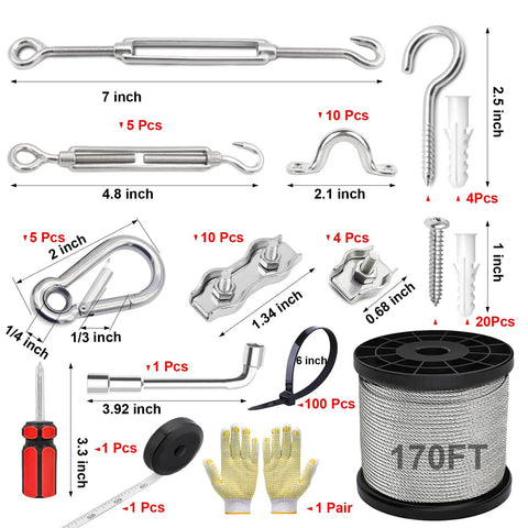 Globe String Light Suspension Kit with 170 ft vinyl coated 304 stainless steel wire, turnbuckles, hooks, and accessories for outdoor use.